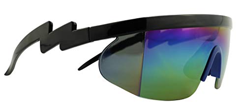 Shadyveu Semi Rimless Neon Rainbow Sunglasses Mirrored Lens Uv Protection 80S Retro Rave Shades Crooked Zigzag Bolt Arm (Black W/Blue Nose Pad/Rainbow Mirrored Lens) #TOP3