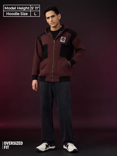 Image of The Souled Store Deadpool: Double Trouble Men and Boys Full Sleeves Hooded Neck Burgundy Graphic Applique Cotton Blend Heavy Fleece Winter Wear Zipper Oversized Hoodie