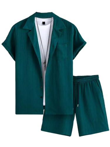 Image of Green Solid Color Mens Half Sleeves Cords Cotton Material