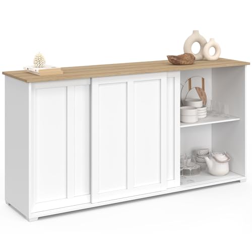 IDMarket - Buffet 160 cm Jango 3 Portes coulissantes Blanc et Plateau Bois