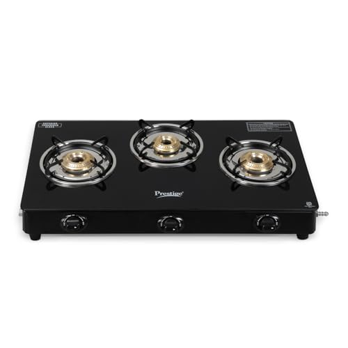 Prestige Iris Plus 3 Burner Auto Ignition Gas Stove | Toughened Glass Top | Tri-Pin Brass Burners | Ergonomic Knob | Black | 2Y Warranty | ISI Certified