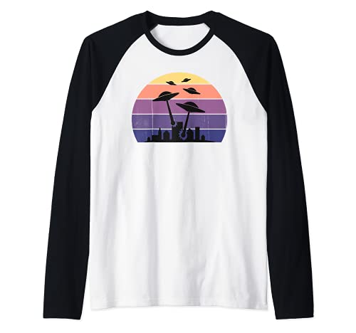 Retro Sunset UFO - Soucoupes volantes Cool Vintage Alien Sci Manche Raglan