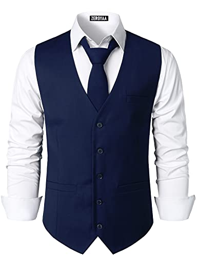 ZEROYAA Mens Hipster Urban Design 3 Pockets Business Formal Dress Vest for Suit Tuxedo ZLSV16 Navy Large