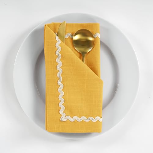 Image of FINGERCRAFT Cloth Napkins Set of 6, 18x18 Inch, 100% Cotton Table Napkins with RIC Rac Scallop Lace Trim, Reusable Washable Dinner Napkins for Wedding, Party, Dining & Home Decor (Yellow)