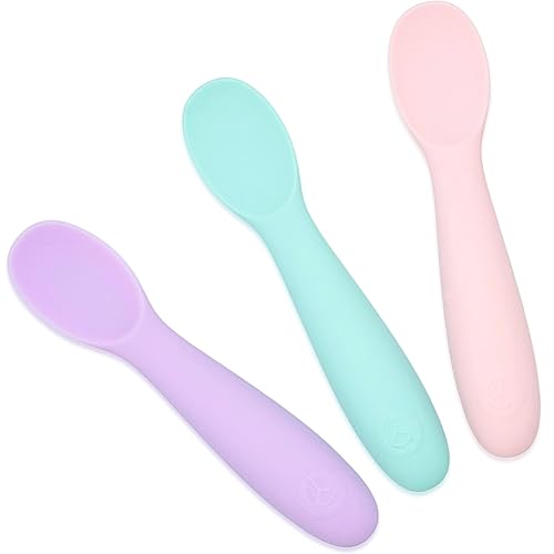 WeeSprout Baby Spoons for Self Feeding 6 Months +, Soft &amp; Durable Silicone Utensils for Sensitive Gums &amp; Teeth, Easy Grip Handles &amp; Shorter Length for Little Hands, 3 Pack + Carrying Case