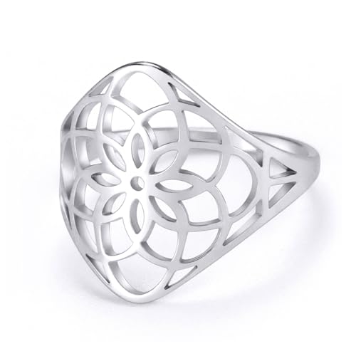 TEAMER Filigree Flower Ring Stainless Steel Elegant Bohemian Finger Ring Wedding Band Ring Exquisite Jewelry for Women