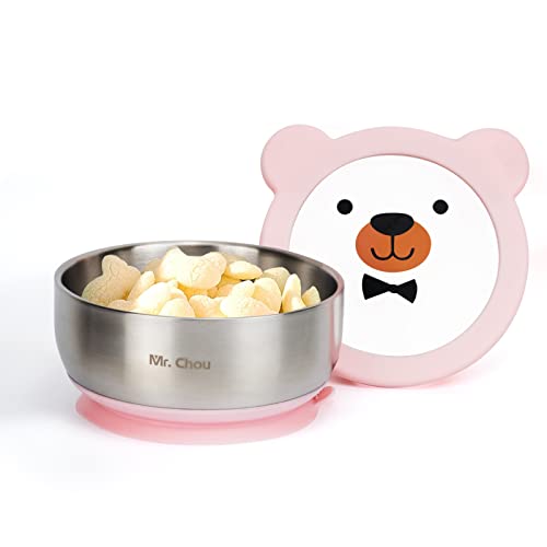 Image of MR. CHOU Food-Grade Stainless Steel Baby Bowls with Leakproof Tempered Glass Lid, First Stage Baby Led Weaning Supplies for Boys & Girls, Silicone Suction Bowls for Baby Feeding (Pink)