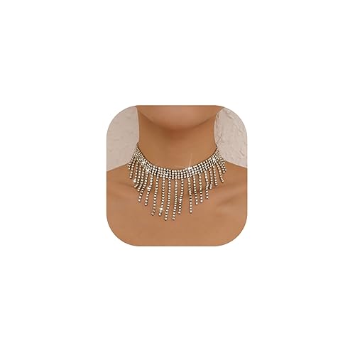 Sixexey Rhinestone Choker Necklaces Silver Neck Chain Sparkly Tassel Necklace Dainty Party Prom Necklace Jewelry For Women And Girls #TOP24