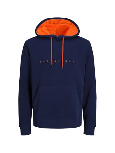 JACK & JONES JJESTAR JJ Sweat à Capuche pour Homme - Coupe décontractée, Navy Blazer (Shocking Orange), L