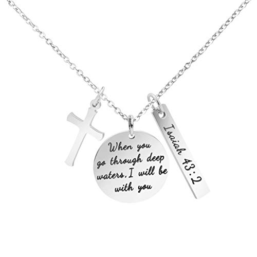 Christian Religious Necklace Stainless Steel Round Pendant Engraved Bible Verse When You Go Through Deep Waters I Will be With You