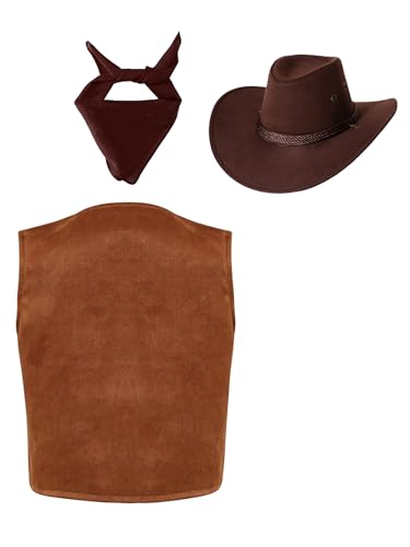 Boys Halloween Party Clubwear Sleeveless Waistcoat Tops Tassel Cowboys Vest with Bandana Hats Set2