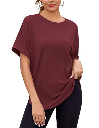 Totatuit Women Basic Oversized Tee Rolled Half Sleeve Loose Fitting Maternity Tunic Tops Cotton Crew Neck Summer Long Tee Shirts Gym Workout Cover Shirts 2025 Trendy Outfits Dark Red X-Large