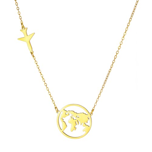 TEAMER Mode Weltkarte Halskette Flugzeug Weltkarte Anhänger Edelstahl Erde Reisende Graduierung Schmuck für Frauen Männer (Gold) TEAMER Mode Weltkarte Halskette Flugzeug Weltkarte Anhänger Edelstahl Erde Reisende Graduierung Schmuck für Frauen Männer (Gold)