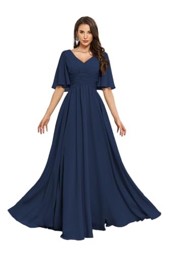 Floral Half Sleeves Bridesmaid Dresses Pleated V Neck Chiffon A Line Maid of Honor Dress Long