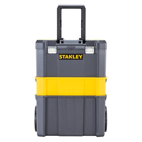 STANLEY Essential Rollende Werkstatt (3-in-1 stapelbare Boxen, leerer Werkzeugkasten, belastbar bis zu 20kg, mit Metallverschlüsse, Organizer für Kleinteile im Deckel) STST1-80151
