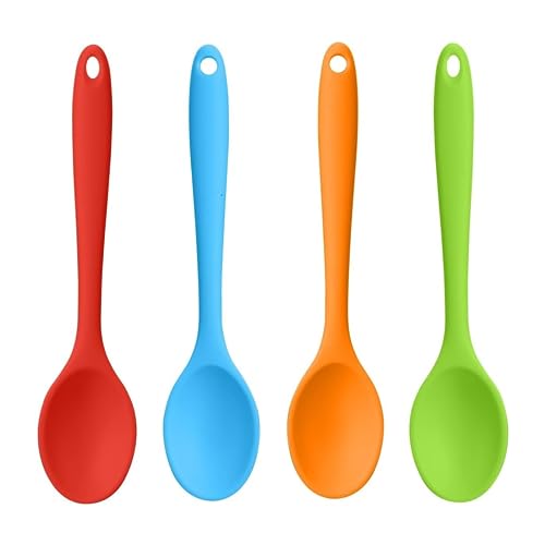 4Pcs Mixing Spoons Heat Resistant Silicone Serving Spoon Kitchen Baking Serving Spoon Silicone Cooking Spoons for Stirring, Mixing(Red, Green, Orange, Blue)