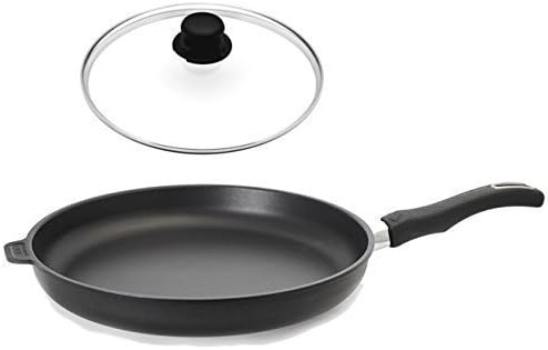 Original Gundel cast iron frying pan - flat - ø 32 cm - Height 5 cm - with glass cover and Lid knob (entlüftbar) Biotoan interface, battery-Therm Floor