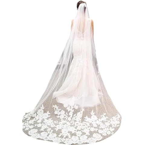 Salliy Aiosy Layer Wedding Veil Bridal Veil Embroidery Lace Edge Bride with Comb Cathedral Length Hair Accessories (Ivory) Cover