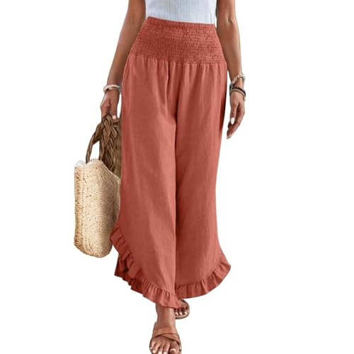 Linen Pants for Women 2025 Summer Casual Loose Flowy Boho Pants,Smocked Waist Ruffle Palazzo Pant with Pockets