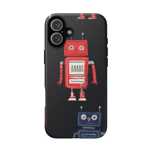 Coque iPhone 16 Plus robot rétro rouge et bleu rigide mate style vintage premium