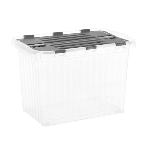 Image of Superio Storage Box with Hinged Lids, Plastic Container Bins for Organizing with Attached Lid, Stackable Crates, BPA Free, Organizers for Home, 17 Quart (Clear with Grey Lids, 15 inchx10 inchx10.25 inch)