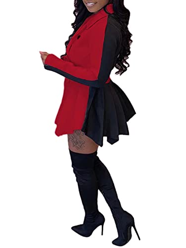 RAMOUG Two Tone Lapel V Neck Double Breasted Peplum Jacket Sexy Belted Blazer Mini Dress2