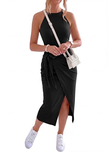 Image of NOLLSOM Women Casual Sleeveless Striped Tank Midi Dresses Halter Neck Ruched Bodycon Dresses Tie Waist T Shirt Summer Dress
