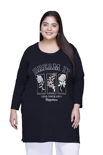 Image of In Love Women's Cotton Chest Printed Full Sleeve Plus Size Long T-Shirt