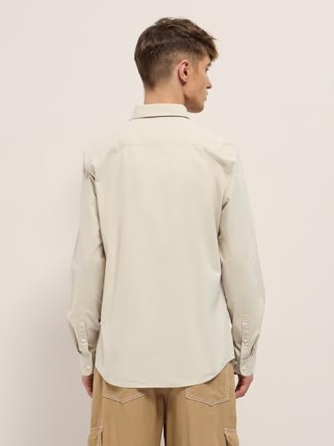 Image of THE BEAR HOUSE Men's Beige Slim Fit Solid Cotton Casual Shirt