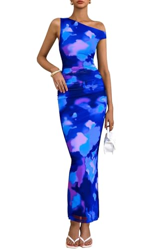 PRETTYGARDEN Women's Bodycon Maxi Dress Spring Fashion One Shoulder Floral Tight Fitted Party Club Ruched Long Dresses (Floral Purple Blue, X-Large)
