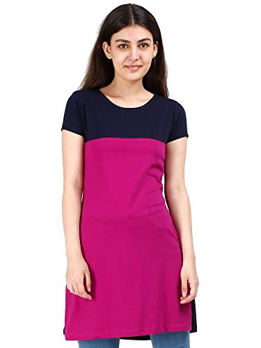 Image of FLEXIMAA Women's Cotton Round Neck Color Block Half Sleeve Long Top