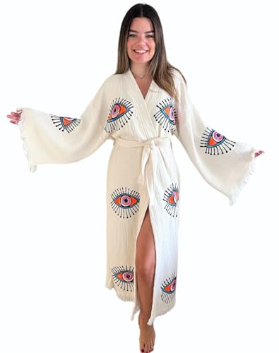 Handmade Evil Eye Kimono - Women Beach Cover Up - Festival Bohemian Robe - Boho Cotton Cardigan - Dressing Gown (Pink Eyes)