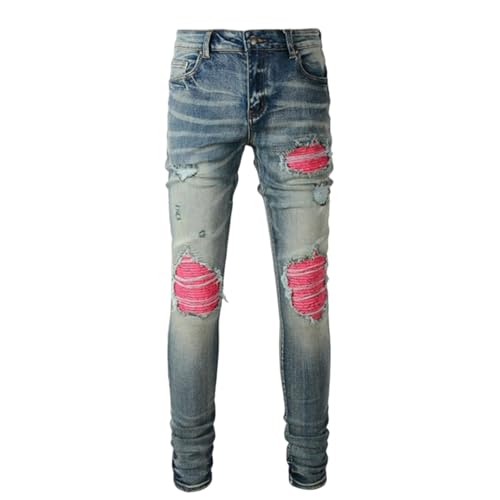 Jeans Pants Trousers Denim Light Blue Trendy Street Splicing Worn Hole Piercing Patchwork Hairy Edge Tassel Elastic Slim Fit Casual Straight Leg Men(Light Blue,33)