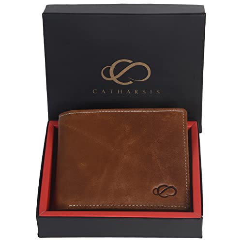 Image of Catharsis Aillard Top Grain Men's RFID Protected Genuine Tan Leather Wallet for Men | 6 Debit /Credit Card Slots I 2 Currency Compartments