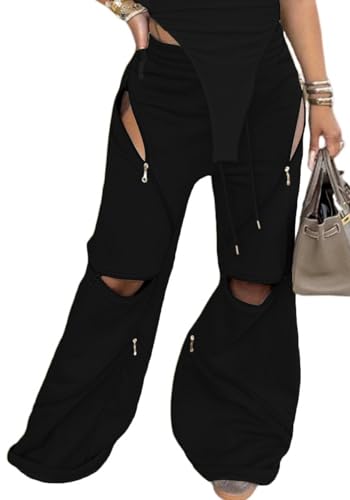 LETSVDO Women's Wide Leg Baggy Sweatpants High Waisted Patchwork Flare Pants Y2k Cut Out Multi Zipper Cargo Sweatpant