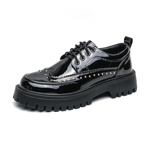 Platform Wingtip Oxford Shoes with Studded for Men's Patent Leather Wingtip Chunky Heel Lug Sole Non Slip Business Derby Oxfords for Dating Party Prom Wedding Causal Work Office Shoes