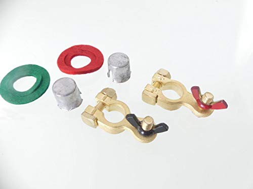 Marine Battery Terminal Connectors, Wing Nut, Solid Brass, Connector Clamps for Boat, RV, Automobile, Includes One (1) Positive and One (1) Negative, 2 Lead Shims, 2 Anti-Corrosion Pads, by Tech Team