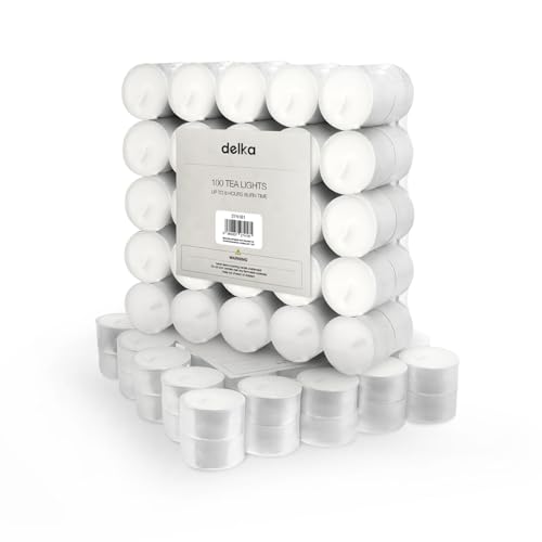 delka Unscented Tea Lights White- Long-Lasting 8 Hour Burn Time-Smoke-Free Bright Flame -Ideal for Weddings Events Aromatherapy Home Décor and Emergency Use-Premium Quality (White Pack of 100)