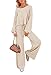 Pink Queen Women's 2 Piece Knit Sweatsuit Puff Sleeve Cropped Sweater Top and Long Pants Tracksuit Lounge Set Beige S