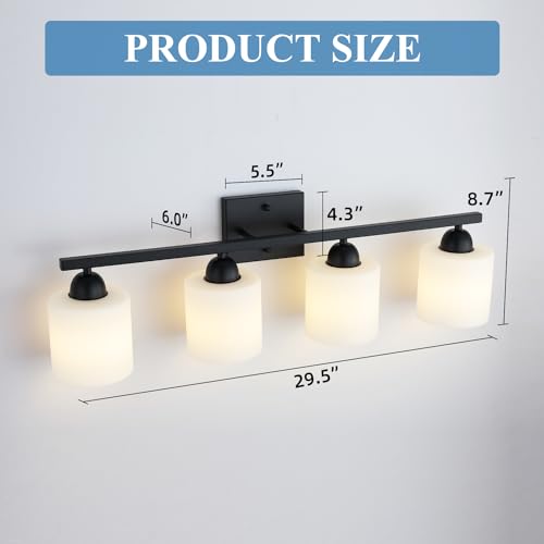 Image of Mecgirn Milk Glass Vanity Lights for Bathroom, 4 Light Matte Black Bathroom Light Fixtures Over Mirror, Ceramic E26 Sockets Wall Mounted