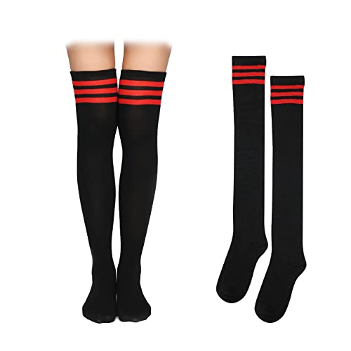 1 Pair Thigh High Socks, Cotton Soft Knee High Long Stockings Women Leg Warmers for Wednesday Cosplay (Main Black, Red Stripe)