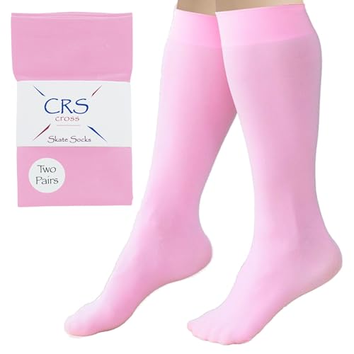 CRS Cross Figure Skating Socks. 2 Pair of Knee High Tights for Ice Skates and Dance. Premium Footed Skate Socks are available in a Wide Variety of Fun Colors. (Program Pink)