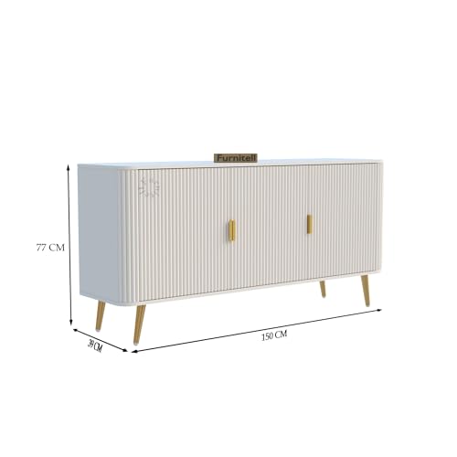Image of Wooden Sideboard Cabinet for Living Room Storage | Modern Wooden Storage Cabinet with 3 Doors & Shelves | Buffet Console Cabinet for Dining Room, Bedroom & Hallway | Warm White | 150 cm