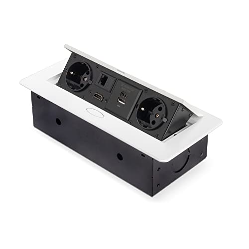Emuca - Regletas Enchufe, Regleta multienchufe retráctil para empotrar en la Mesa, Base de enchufes multiconector (Enchufe EU Tipo F, USB A+C, RJ45 y HDMI), 265x120mm, Blanco