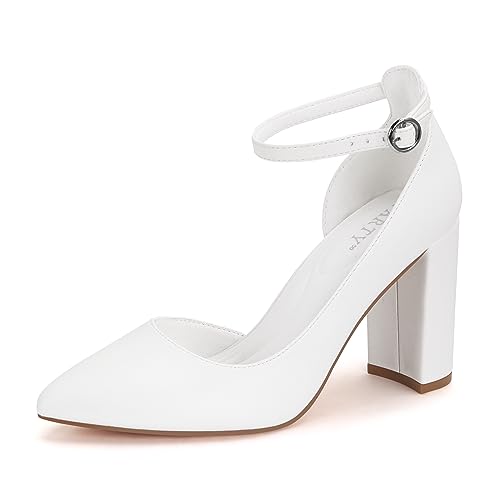 Women's 3-Inch Closed Toe Chunky Heels Pumps Ankle Strap Dress Wedding Shoes,Niki-White Pu-6.5