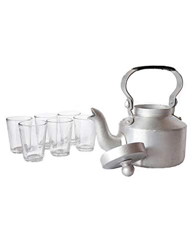 KALAPURI® Aluminium Indian Traditional Kettle Tea Coffee Pot (1500 mL) Chai Maker with Handle & 6 Transparent Cutting Tea Glass (80 mL) - Image 3