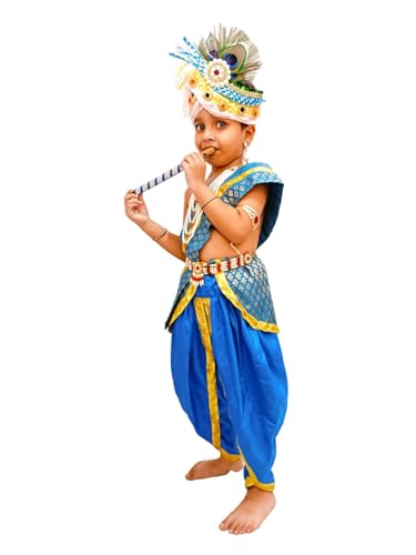Image of BookMyCostume Krishna Costume with Heavy Jewellery and Pagdi and Brocade - Janmashtami Complete Premium Dress for Baby Kanha Boys & Girls - Light Blue 0-6 M
