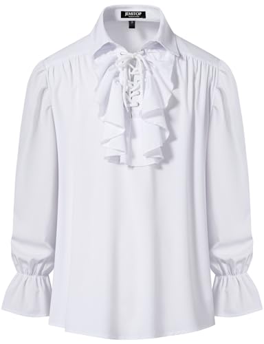 JEMITOP Mens Pirate Shirt Poet Vampire Ruffle Victorian Costume Steampunk Renaissance Medieval Gothic Cosplay Halloween Outfit White L