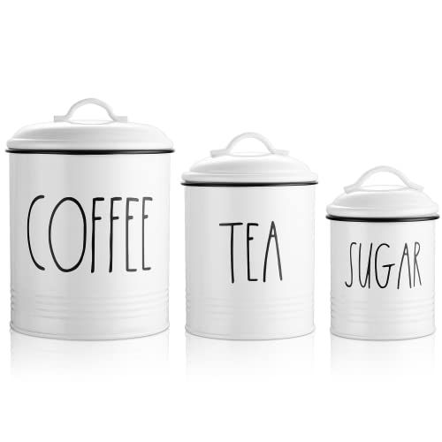 Farmhouse Canisters Sets for the Kitchen Counter by Brighter Barns - Coffee Tea Sugar Containers for Countertop - Cute Modern Farmhouse Kitchen Decor -White Food Storage Containers with Lids Airtight
