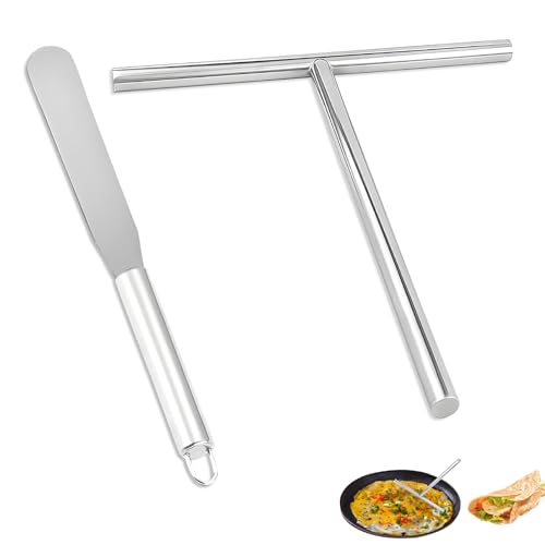 2 Stück Crepes Verteiler Set, Crepes Wender Edelstahl Spatel 19.2cm T-Form Teigverteiler für Zuhause Küche Backen Kochen Backwerkzeuge